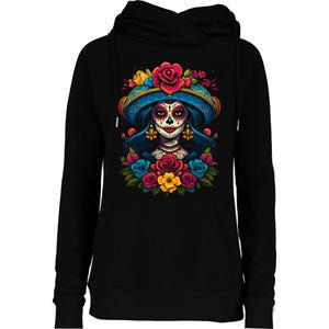 De Los Muertos La Catrina Sugar Skull Women Day Of The Dead Womens Funnel Neck Pullover Hood