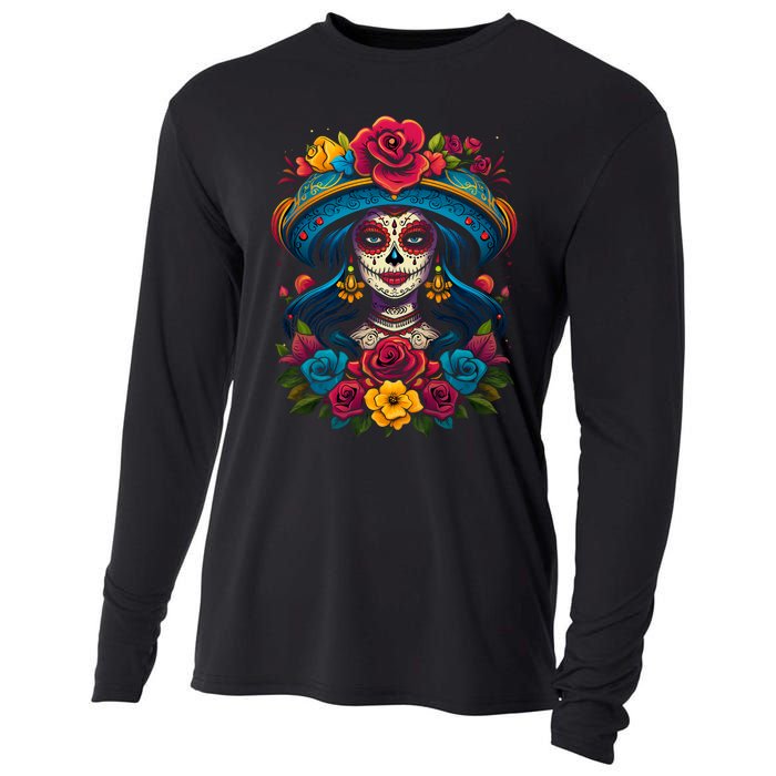 De Los Muertos La Catrina Sugar Skull Women Day Of The Dead Cooling Performance Long Sleeve Crew