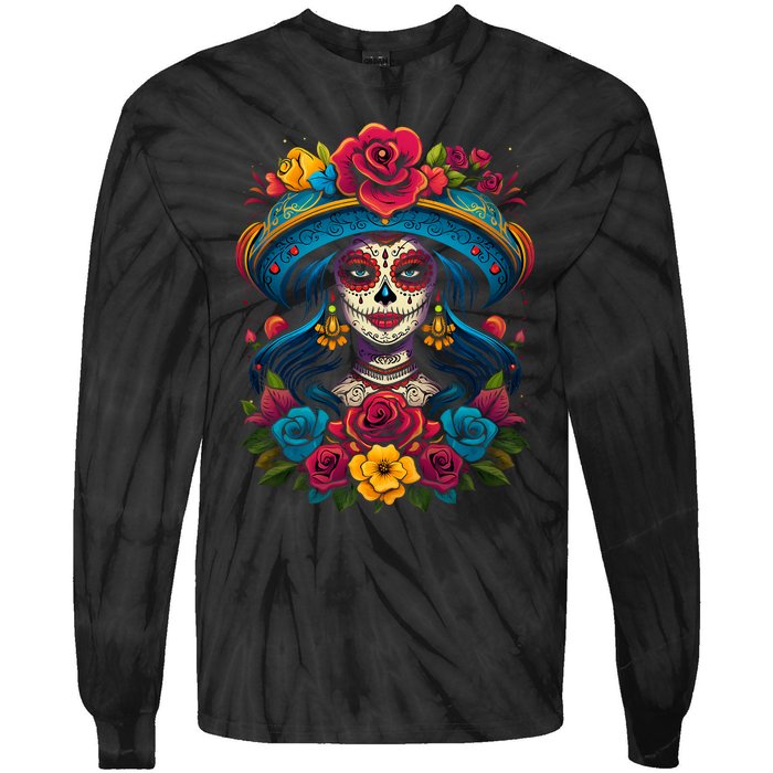 De Los Muertos La Catrina Sugar Skull Women Day Of The Dead Tie-Dye Long Sleeve Shirt