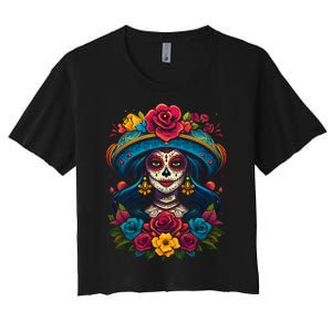 De Los Muertos La Catrina Sugar Skull Women Day Of The Dead Women's Crop Top Tee