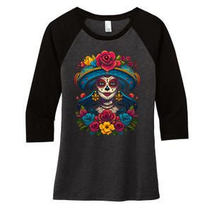 De Los Muertos La Catrina Sugar Skull Women Day Of The Dead Women's Tri-Blend 3/4-Sleeve Raglan Shirt