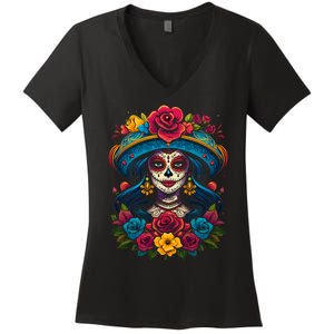 De Los Muertos La Catrina Sugar Skull Women Day Of The Dead Women's V-Neck T-Shirt