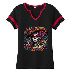 De Los Muertos La Catrina Day Of The Dead Sugar Skull Women Ladies Halftime Notch Neck Tee