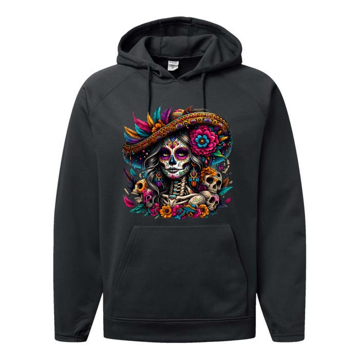 De Los Muertos La Catrina Day Of The Dead Sugar Skull Women Performance Fleece Hoodie