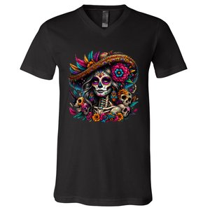 De Los Muertos La Catrina Day Of The Dead Sugar Skull Women V-Neck T-Shirt