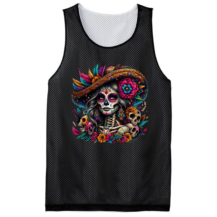 De Los Muertos La Catrina Day Of The Dead Sugar Skull Women Mesh Reversible Basketball Jersey Tank