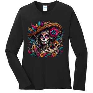 De Los Muertos La Catrina Day Of The Dead Sugar Skull Women Ladies Long Sleeve Shirt