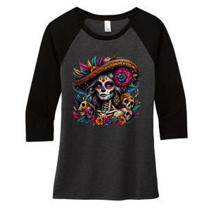 De Los Muertos La Catrina Day Of The Dead Sugar Skull Women Women's Tri-Blend 3/4-Sleeve Raglan Shirt