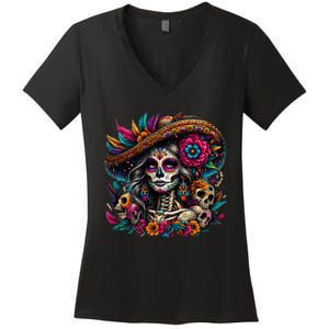 De Los Muertos La Catrina Day Of The Dead Sugar Skull Women Women's V-Neck T-Shirt