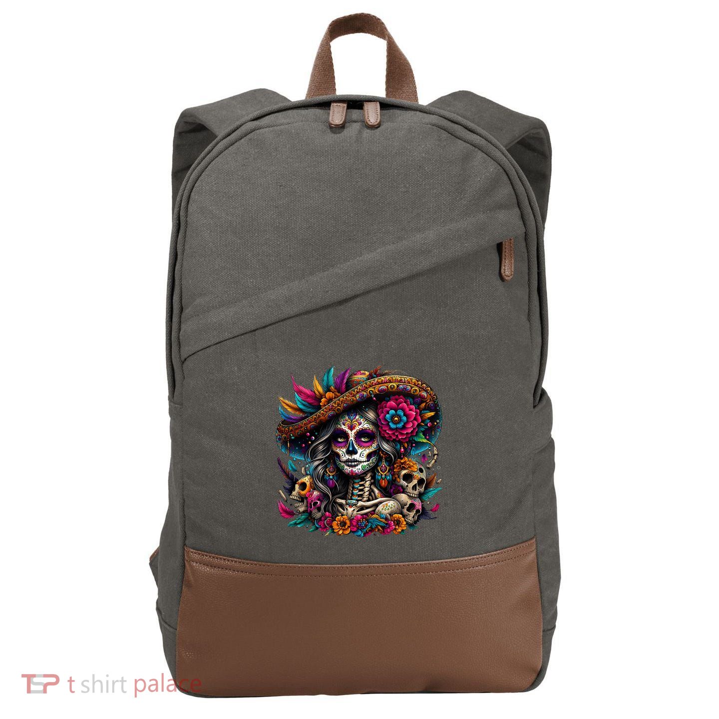 De Los Muertos La Catrina Day Of The Dead Sugar Skull Women Cotton Canvas Backpack