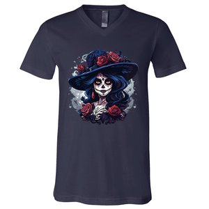 De Los Muertos La Catrina Day Of The Dead Sugar Skull Women V-Neck T-Shirt