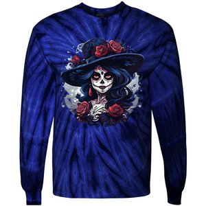 De Los Muertos La Catrina Day Of The Dead Sugar Skull Women Tie-Dye Long Sleeve Shirt