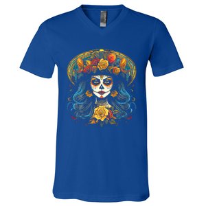 De Los Muertos La Catrina Day of the Dead Sugar Skull V-Neck T-Shirt