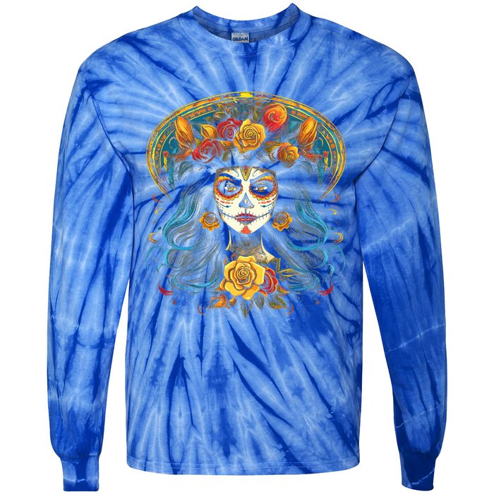 De Los Muertos La Catrina Day of the Dead Sugar Skull Tie-Dye Long Sleeve Shirt