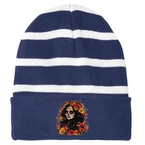 De Los Muertos La Catrina Day Of The Dead Sugar Skull Women Striped Beanie with Solid Band