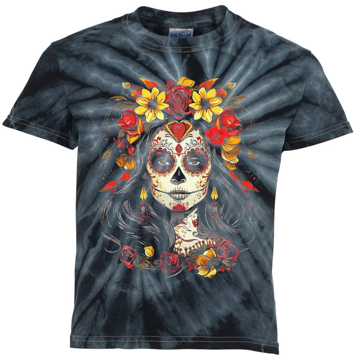 De Los Muertos La Catrina Day of the Dead Sugar Skull Kids Tie-Dye T-Shirt