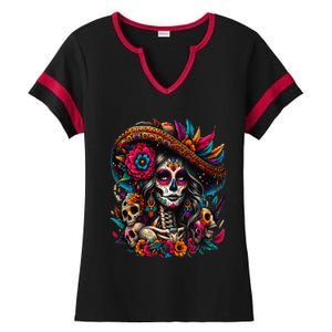 De Los Muertos La Catrina Day Of The Dead Sugar Skull Women Ladies Halftime Notch Neck Tee