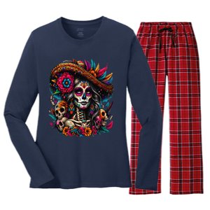 De Los Muertos La Catrina Day Of The Dead Sugar Skull Women Women's Long Sleeve Flannel Pajama Set 