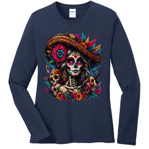 De Los Muertos La Catrina Day Of The Dead Sugar Skull Women Ladies Long Sleeve Shirt