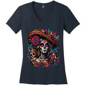 De Los Muertos La Catrina Day Of The Dead Sugar Skull Women Women's V-Neck T-Shirt