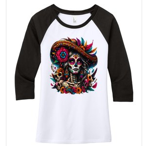 De Los Muertos La Catrina Day Of The Dead Sugar Skull Women Women's Tri-Blend 3/4-Sleeve Raglan Shirt