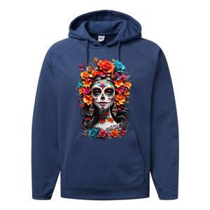 De Los Muertos La Catrina Day Of The Dead Sugar Skull Women Performance Fleece Hoodie