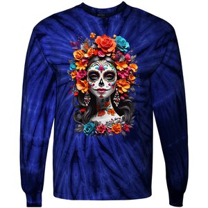 De Los Muertos La Catrina Day Of The Dead Sugar Skull Women Tie-Dye Long Sleeve Shirt