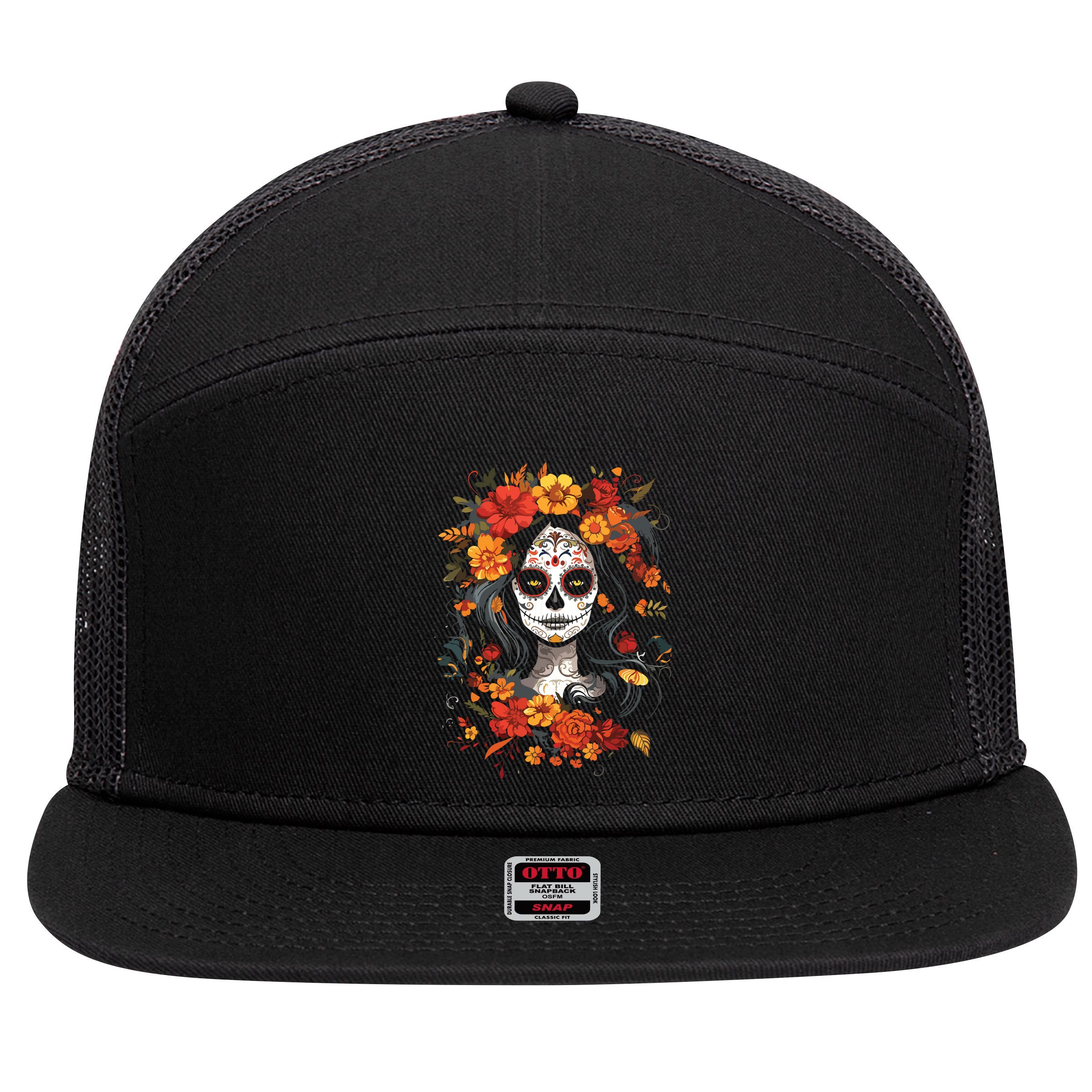 De Los Muertos La Catrina Day Of The Dead Sugar Skull 7 Panel Mesh Trucker Snapback Hat