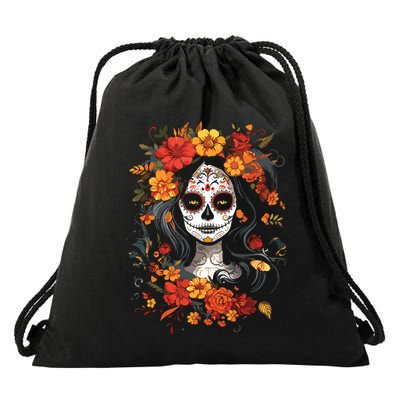 De Los Muertos La Catrina Day Of The Dead Sugar Skull Drawstring Bag