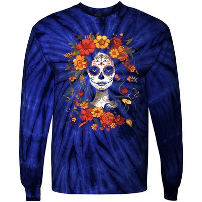 De Los Muertos La Catrina Day Of The Dead Sugar Skull Tie-Dye Long Sleeve Shirt