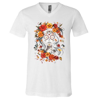 De Los Muertos La Catrina Day Of The Dead Sugar Skull V-Neck T-Shirt