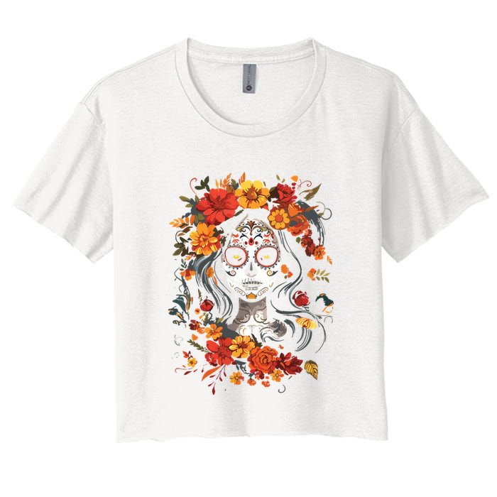 De Los Muertos La Catrina Day Of The Dead Sugar Skull Women's Crop Top Tee