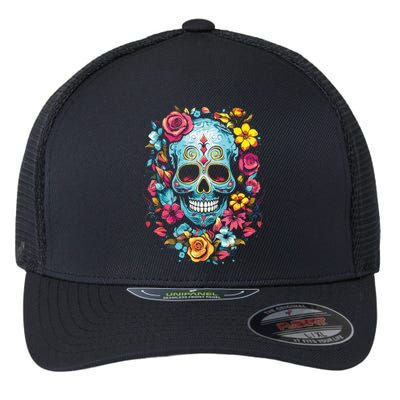 De Los Muertos Day Of The Dead Sugar Skull Halloween Flexfit Unipanel Trucker Cap