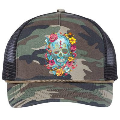 De Los Muertos Day Of The Dead Sugar Skull Halloween Retro Rope Trucker Hat Cap