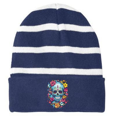 De Los Muertos Day Of The Dead Sugar Skull Halloween Striped Beanie with Solid Band