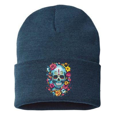 De Los Muertos Day Of The Dead Sugar Skull Halloween Sustainable Knit Beanie