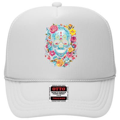 De Los Muertos Day Of The Dead Sugar Skull Halloween High Crown Mesh Back Trucker Hat