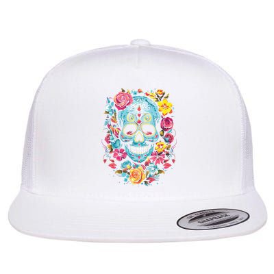 De Los Muertos Day Of The Dead Sugar Skull Halloween Flat Bill Trucker Hat