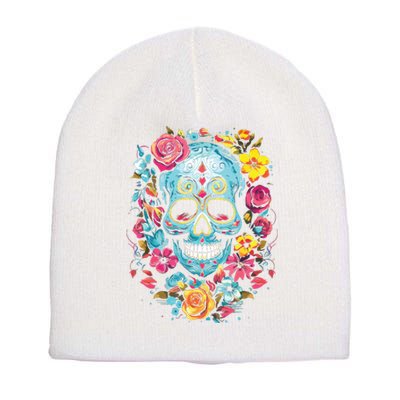 De Los Muertos Day Of The Dead Sugar Skull Halloween Short Acrylic Beanie