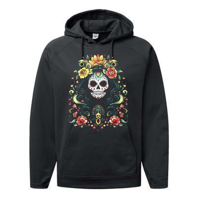 De Los Muertos La Catrina Day Of The Dead Sugar Skull Performance Fleece Hoodie