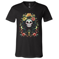 De Los Muertos La Catrina Day Of The Dead Sugar Skull V-Neck T-Shirt