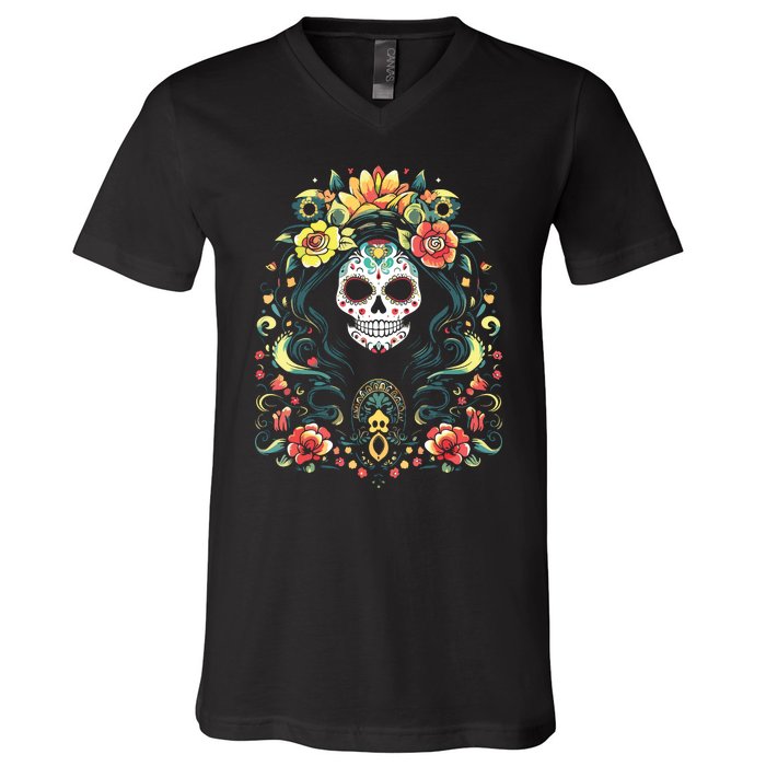 De Los Muertos La Catrina Day Of The Dead Sugar Skull V-Neck T-Shirt