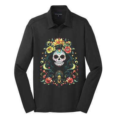 De Los Muertos La Catrina Day Of The Dead Sugar Skull Silk Touch Performance Long Sleeve Polo