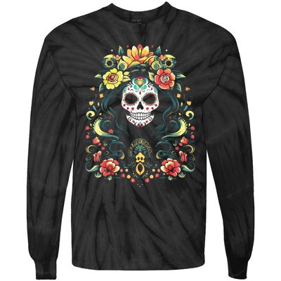 De Los Muertos La Catrina Day Of The Dead Sugar Skull Tie-Dye Long Sleeve Shirt