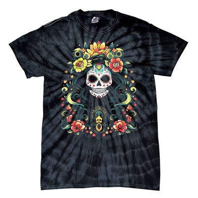 De Los Muertos La Catrina Day Of The Dead Sugar Skull Tie-Dye T-Shirt