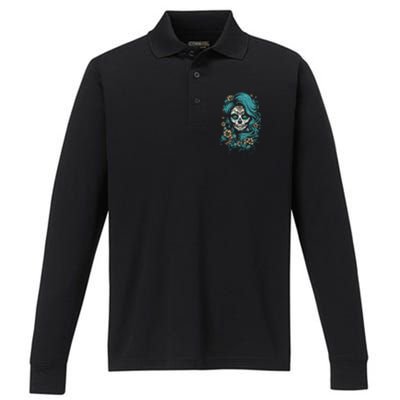 De Los Muertos La Catrina Day Of The Dead Sugar Skull Performance Long Sleeve Polo