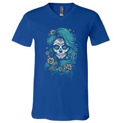 De Los Muertos La Catrina Day Of The Dead Sugar Skull V-Neck T-Shirt