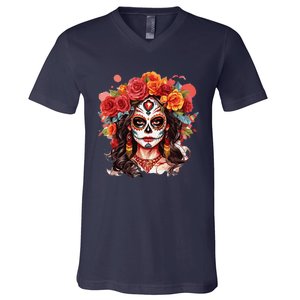 De Los Muertos La Catrina Day Of The Dead Sugar Skull V-Neck T-Shirt