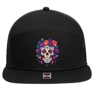 De Los Muertos Day Of The Dead Sugar Skull Halloween 7 Panel Mesh Trucker Snapback Hat