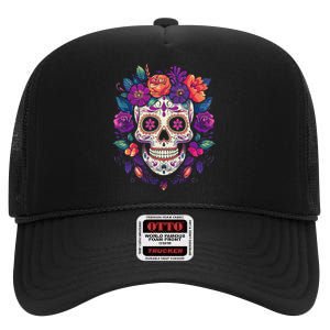 De Los Muertos Day Of The Dead Sugar Skull Halloween High Crown Mesh Back Trucker Hat